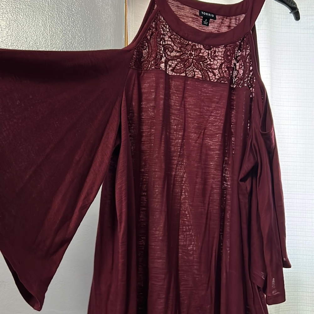 Maroon open shoulder peasant blouse